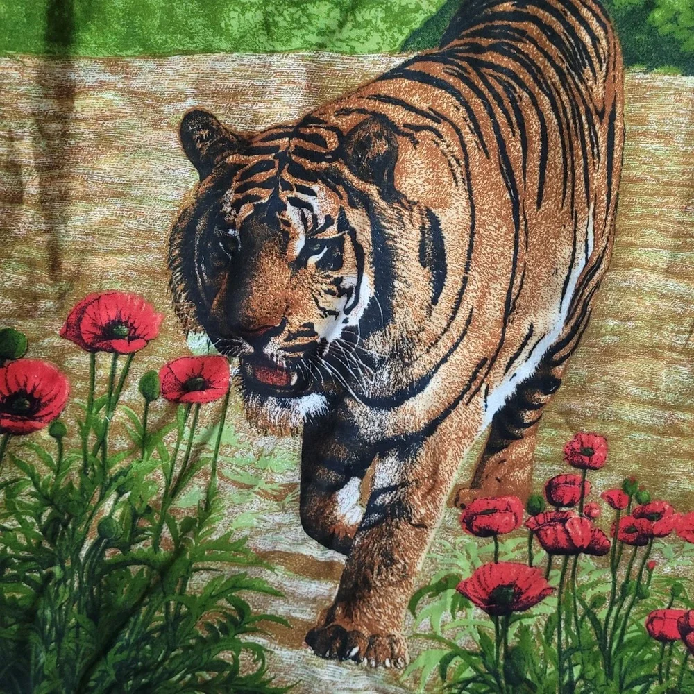 Vintage Tiger in Red Poppies Tapestry Wall Hanging Retro Botanical Wildlife Art